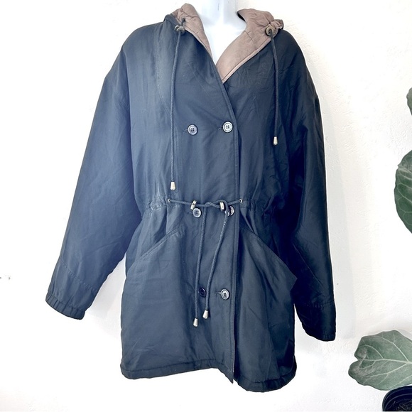 MODA by BB Dakota Vintage 90s 100% Silk Hooded Double Breasted Parka Jacket M - Picture 1 of 12